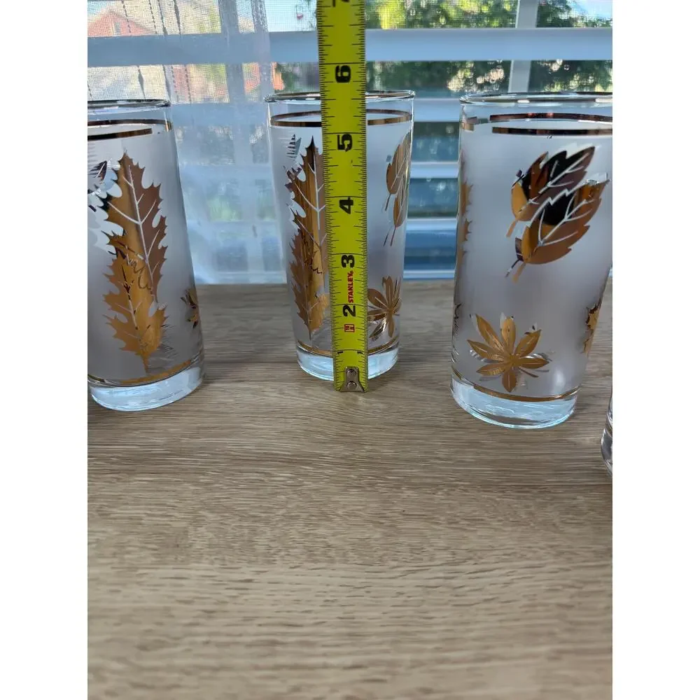 Vintage Libbey Golden Foliage Glasses Set of 7, Gold Leaf Highball Tumblers